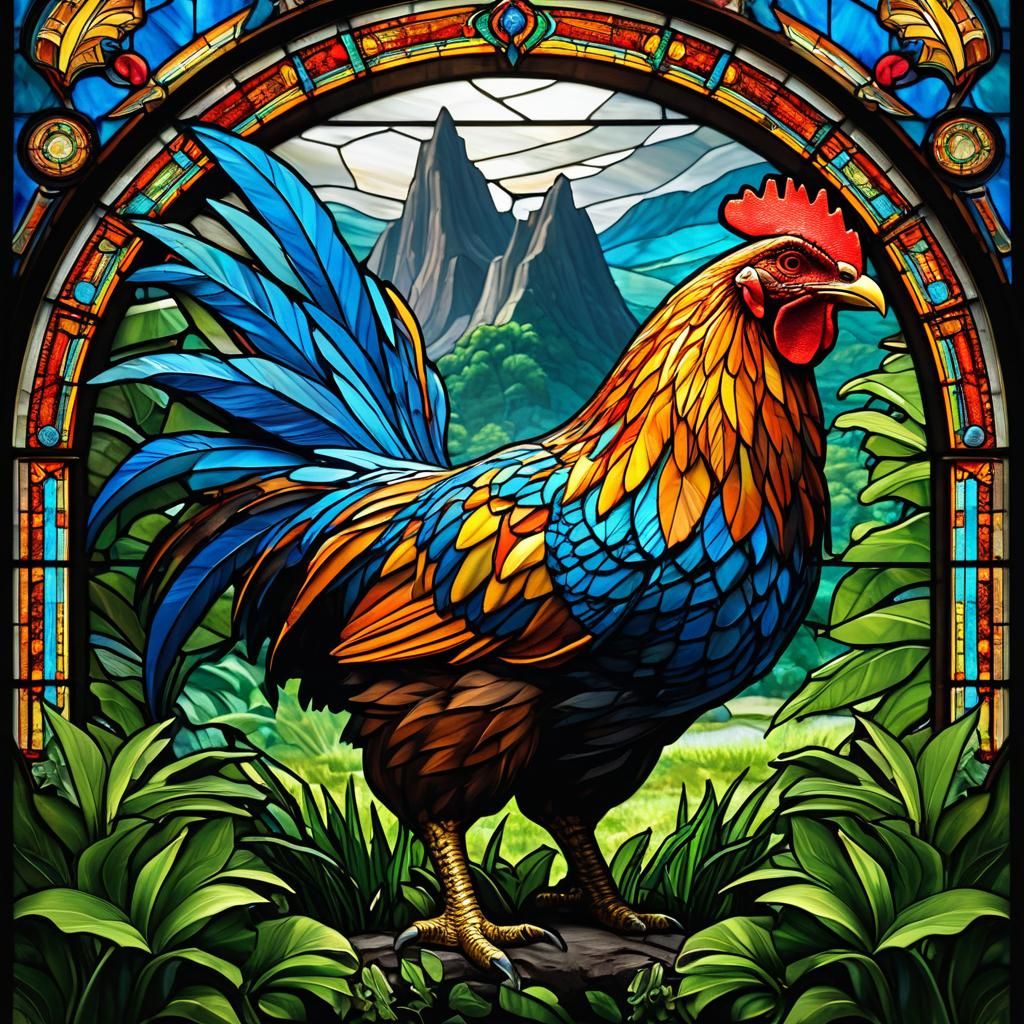 Dinosaur Chicken in Stained Glass Artwork