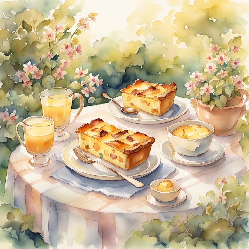 Watercolor Bread and Butter Pudding in Garden