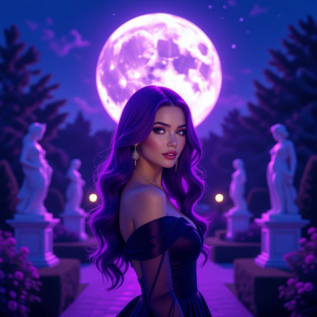 Purple-Haired Woman in Neon Garden, Photorealistic Style