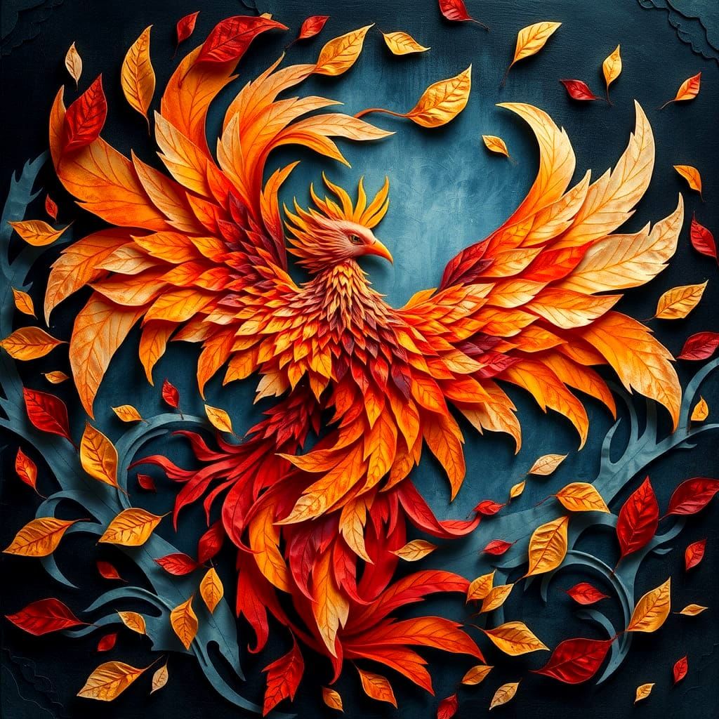 Vivid Phoenix Rising From Autumnal Collage