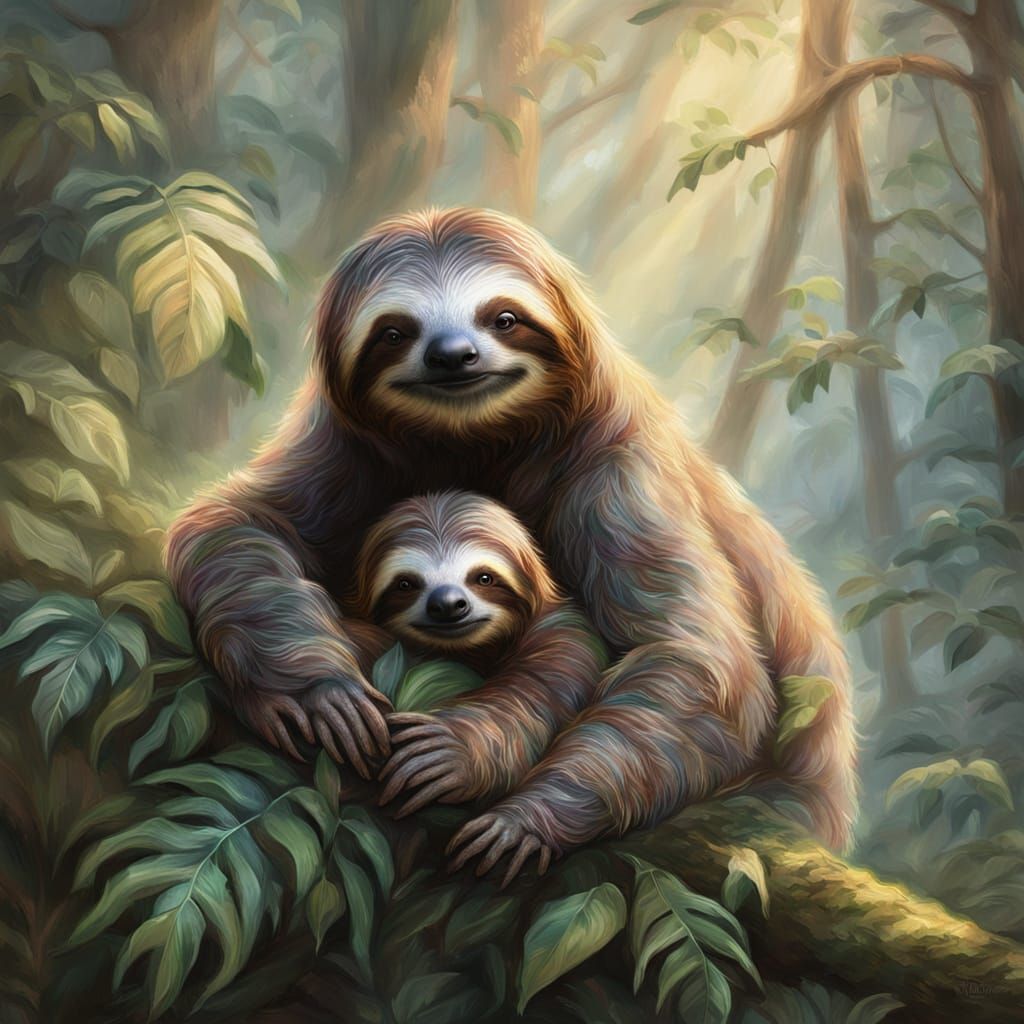 Sloth Mother and Baby in Misty Enchanted Forest