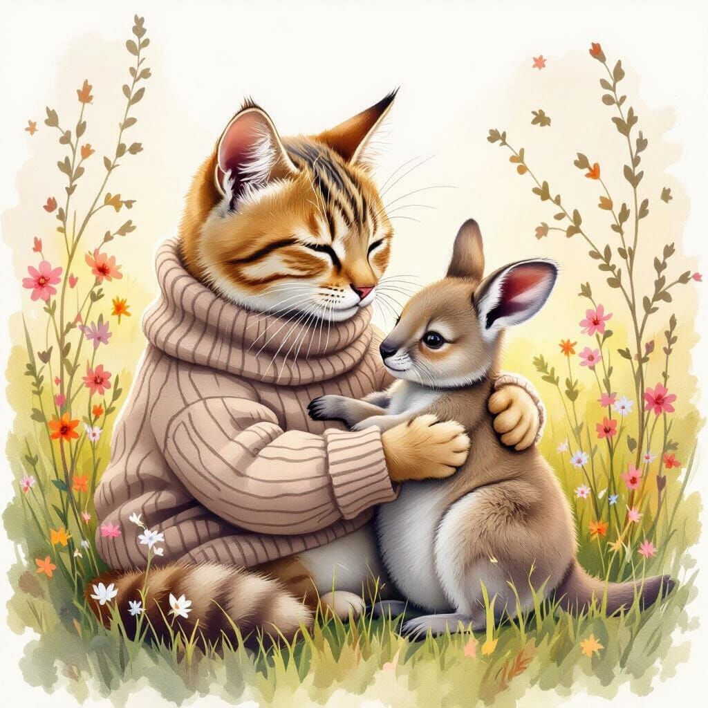 Whimsical Cat and Kangaroo in Watercolor Style