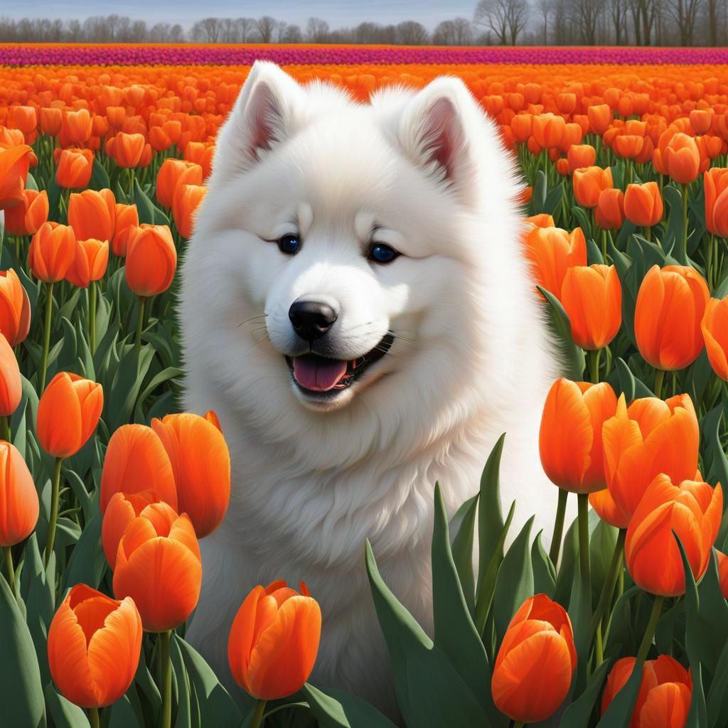 Vibrant Tulips Bloom Around a Playful Samoyed in Whimsical A...