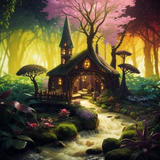 Enchanted Forest Urban Sketch with Fairy Village