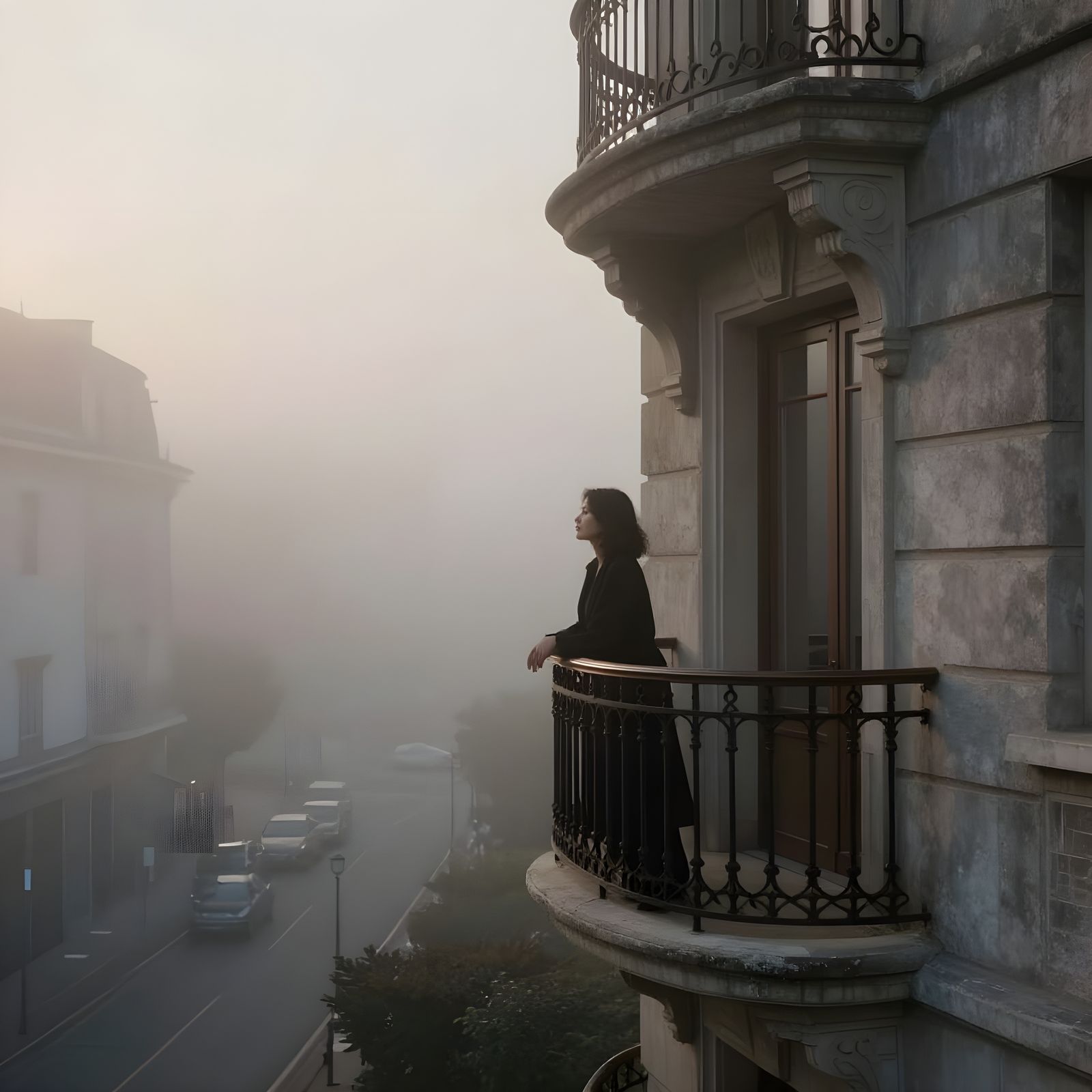 Noir Art Deco Balcony in Morning Fog