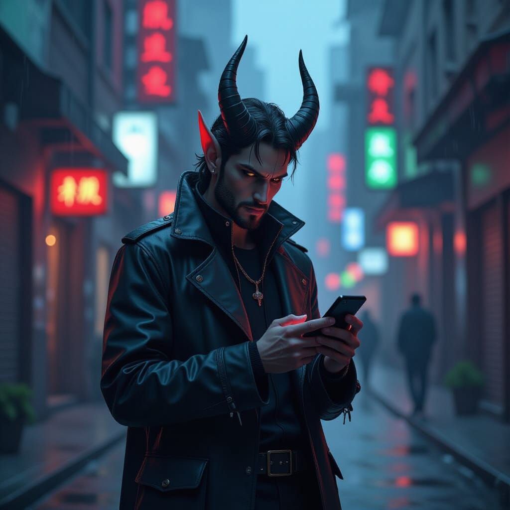 Demon in Cyberpunk City Holding Cellphone