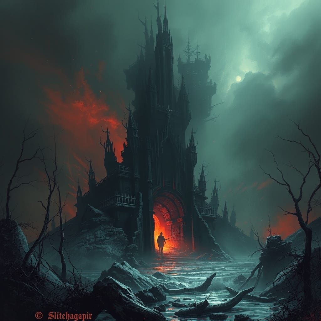 Hellgate: A Horror Scene in Engraving Style