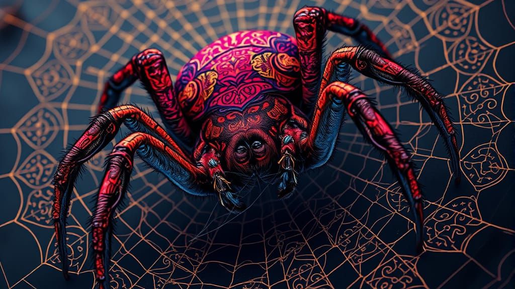 Iridescent Spider in Ornate Web, Comic Art