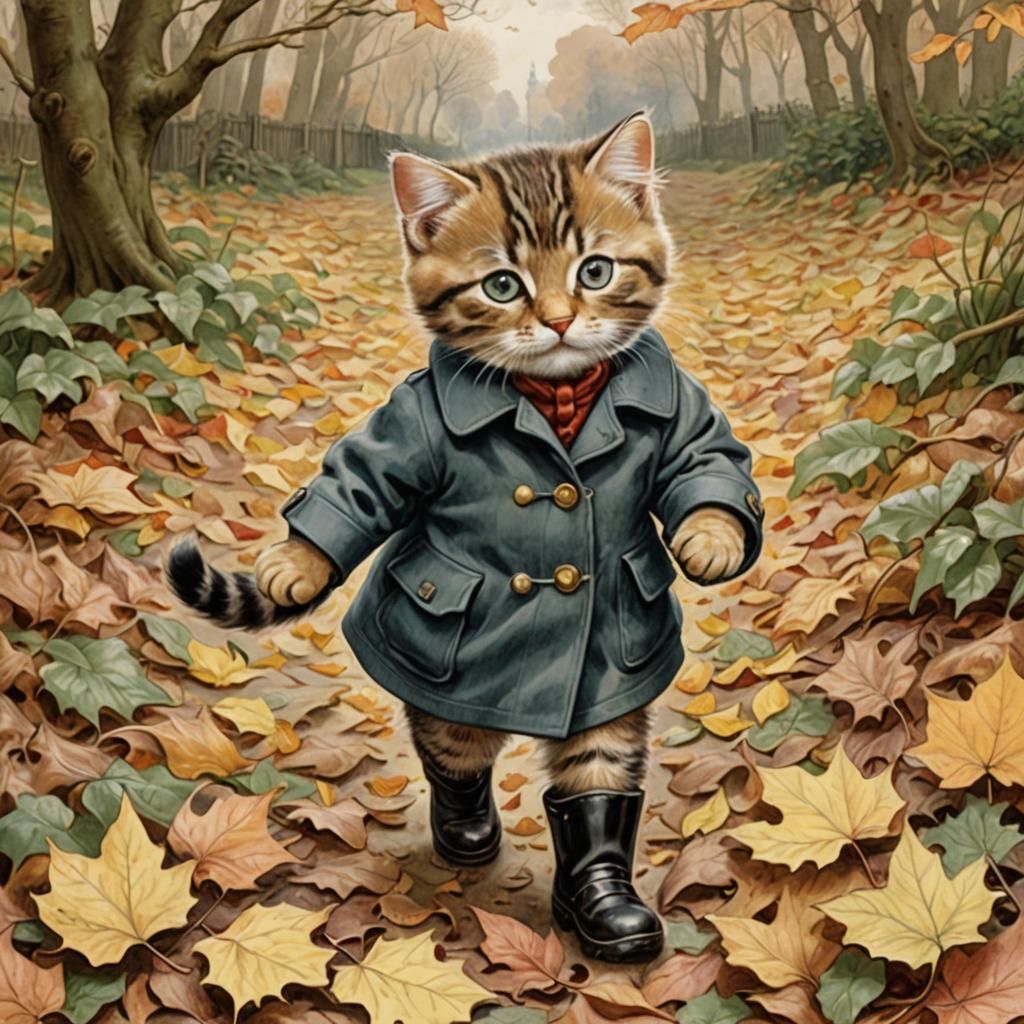 Kitten in Boots Kicking Autumn Leaves, Illustration