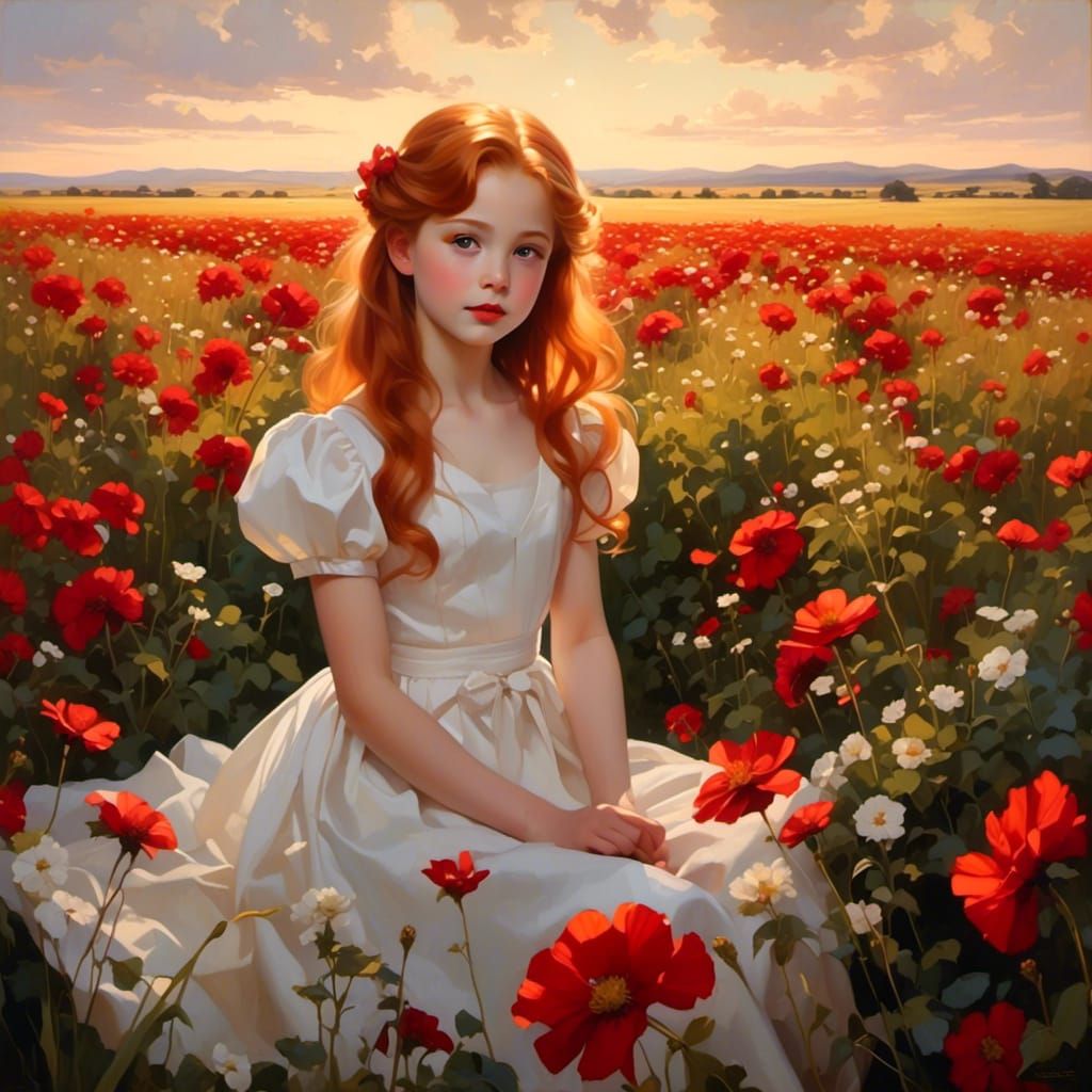 Anime Girl in Flower Field at Golden Hour