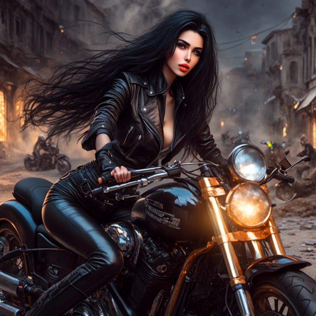 Beautiful Secret Agent on Motorcycle in Vibrant Colors