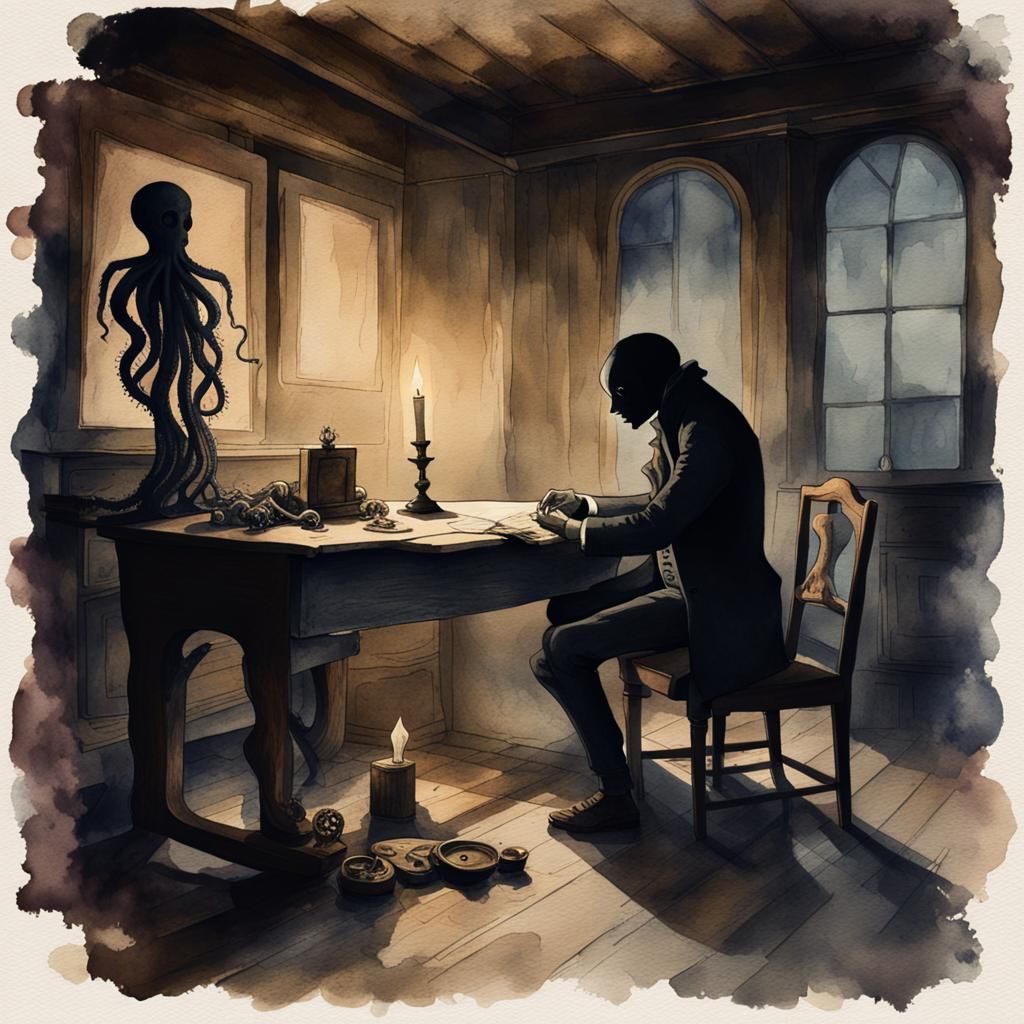 Mysterious Figure with Tentacle Silhouette in Watercolor