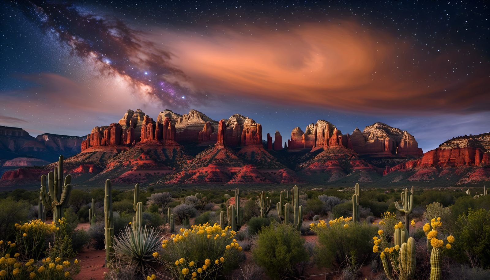 Nightscape Desert Landscape with Saguaro Cactus