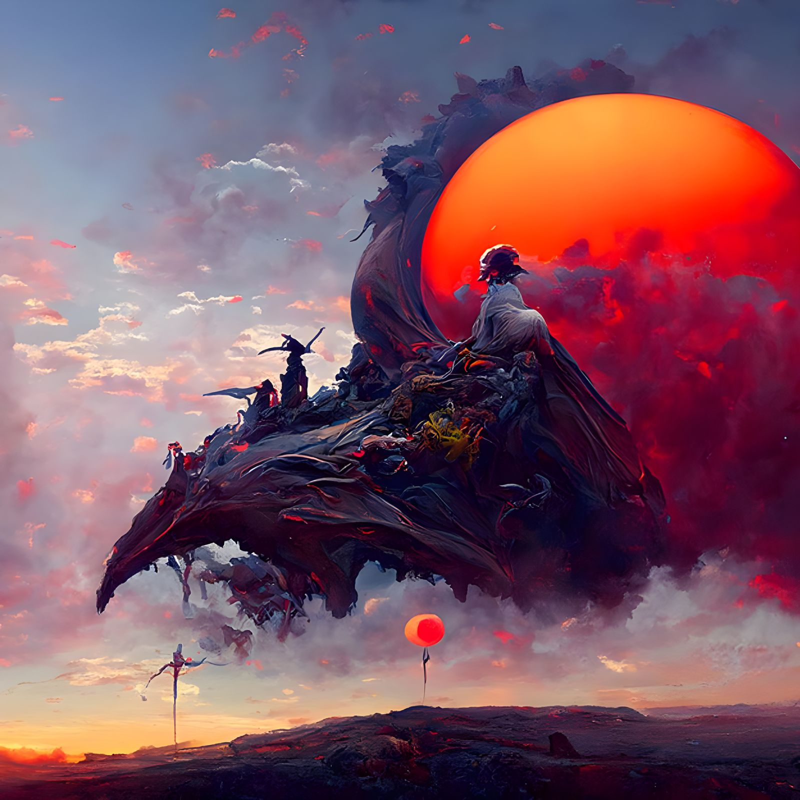 Black Dragon Kalameet Flying Over Volcanic Landscape