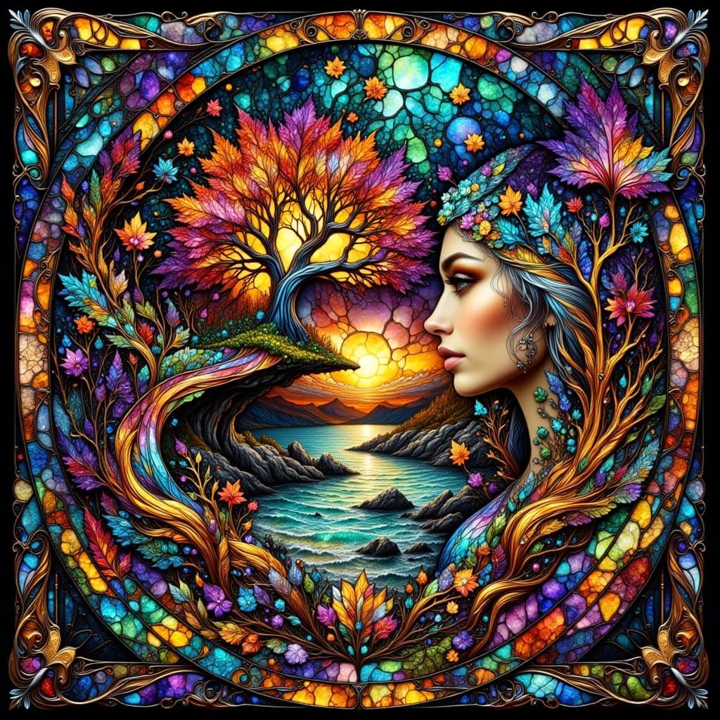 Stained Glass Window Depicting Life in Art Nouveau Style