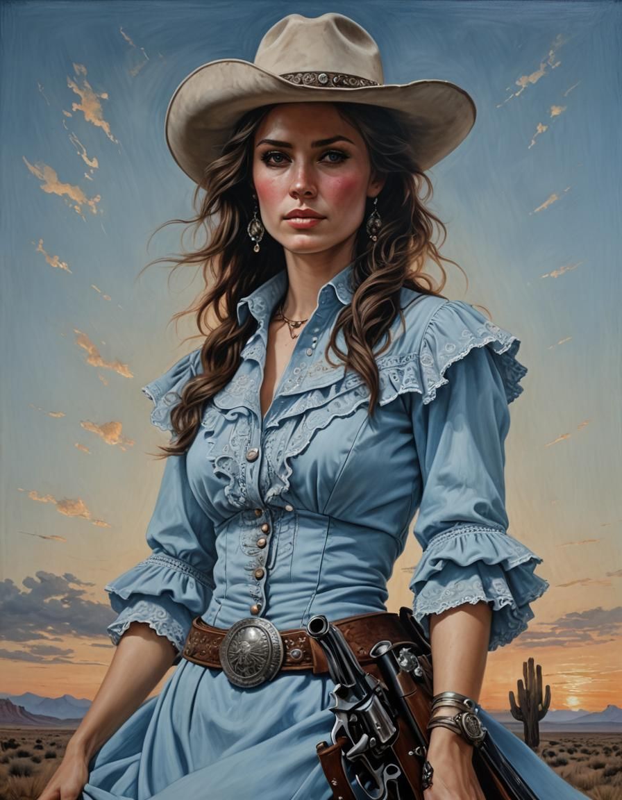 Cowgirl Portrait with Magnum Revolver at Sunrise