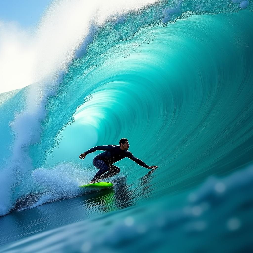 Surfer Rides Powerful Turquoise Wave