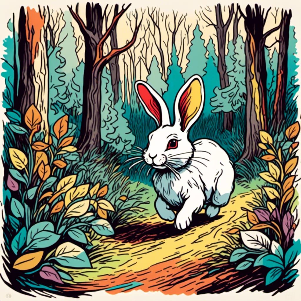 Colorful Line Drawing of Anthropomorphic Bunny