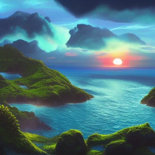 Island Sunset: 3D Plants and Sparkling Ocean in Digital Art
