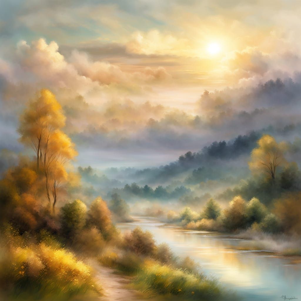 Majestic Landscape Painting in Golden Sunlight