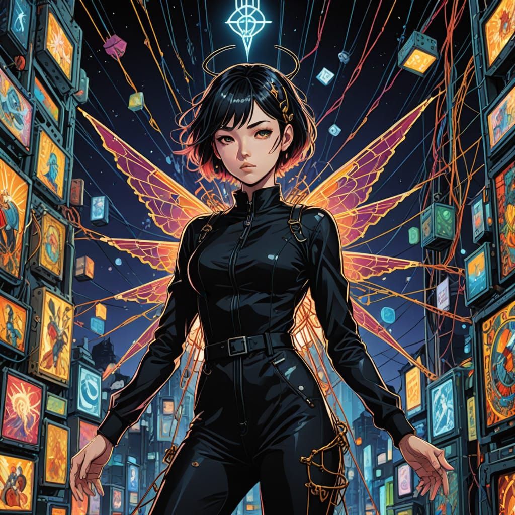 Cyberpunk Goddess Entangled in Electric Wires