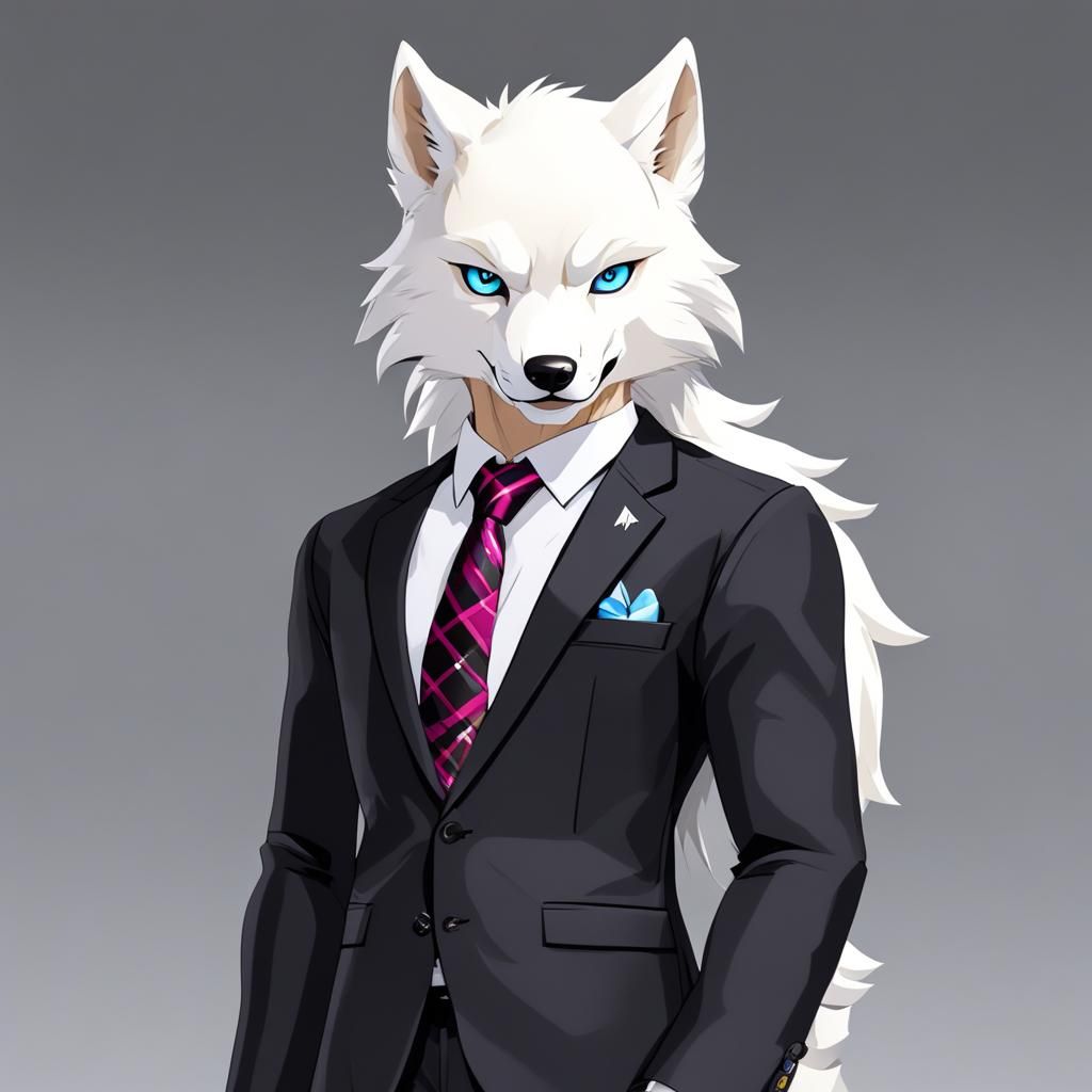 Arctic Wolf in Tuxedo Holding Tiger Cub, 3D Digital Art