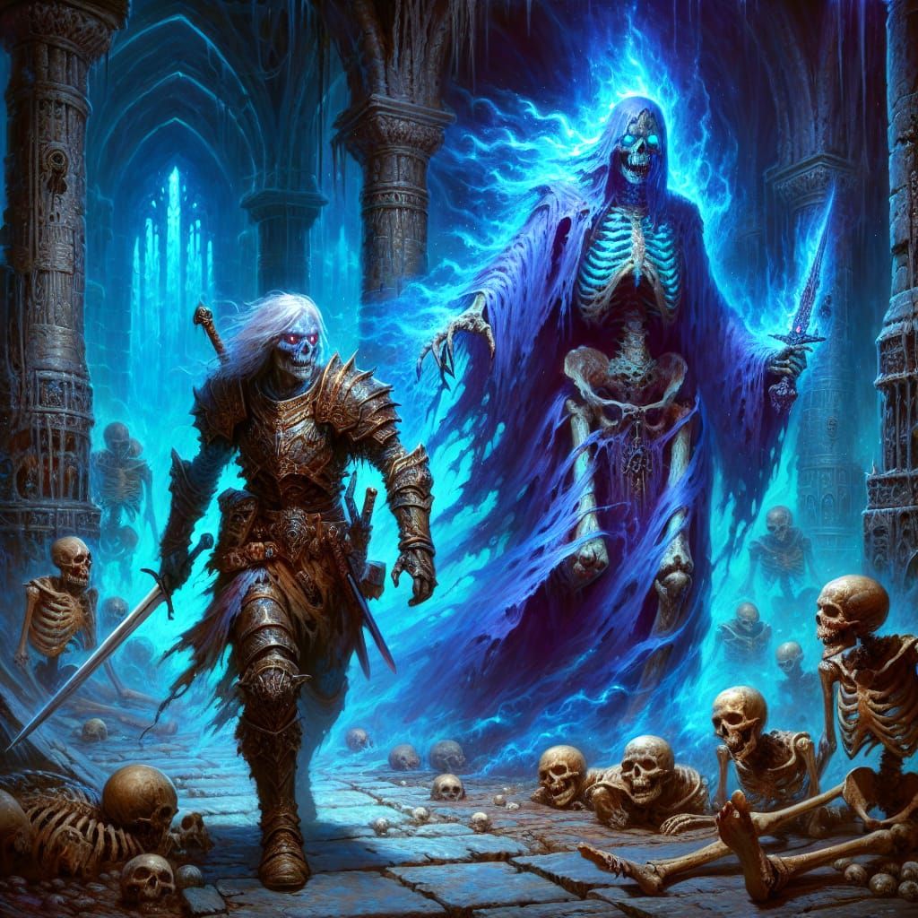 Dark Fantasy Zombie Warrior and Necromancer in Azure Robes