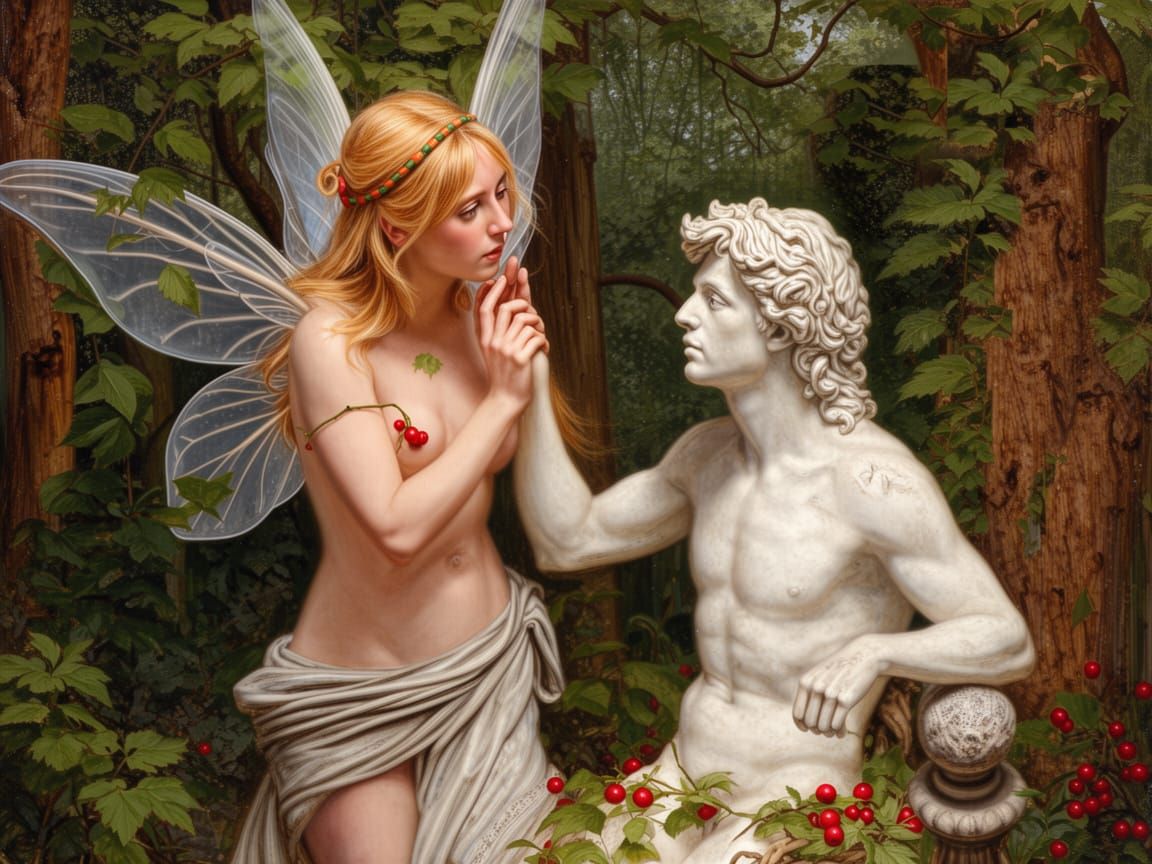 Blond Fairy Woman and Adonis Statue in Forest Oil Painting