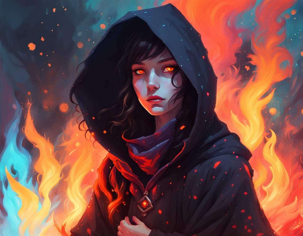 Cloaked Sorceress Surrounded by Magic in Anime Style