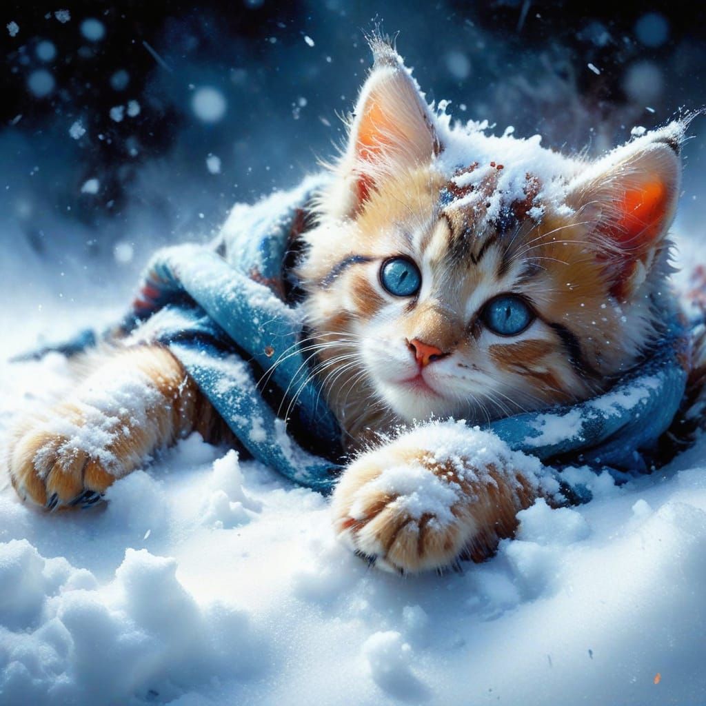 Whimsical Kitten in a Blizzard Snow Scene