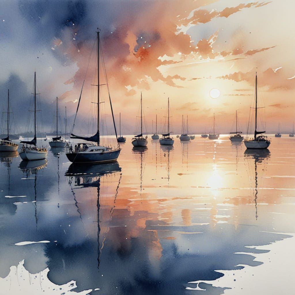 Dreamlike Twilight Harbor in Watercolor Style