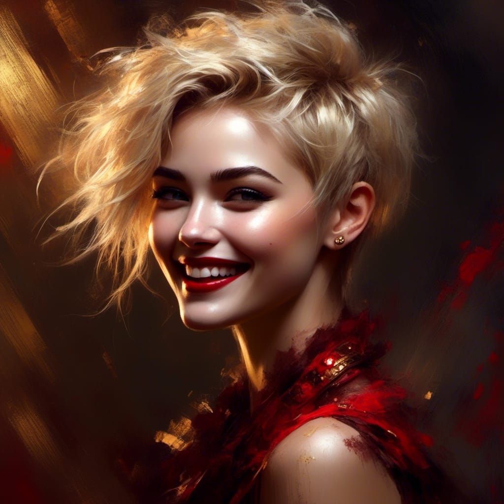 female laughing short blonde pixie hair style, red lip stick, dark, dark gold red dress, pretty face, pretty...