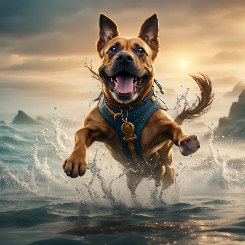 Dog Running in Sea: Fantasy Concept Art