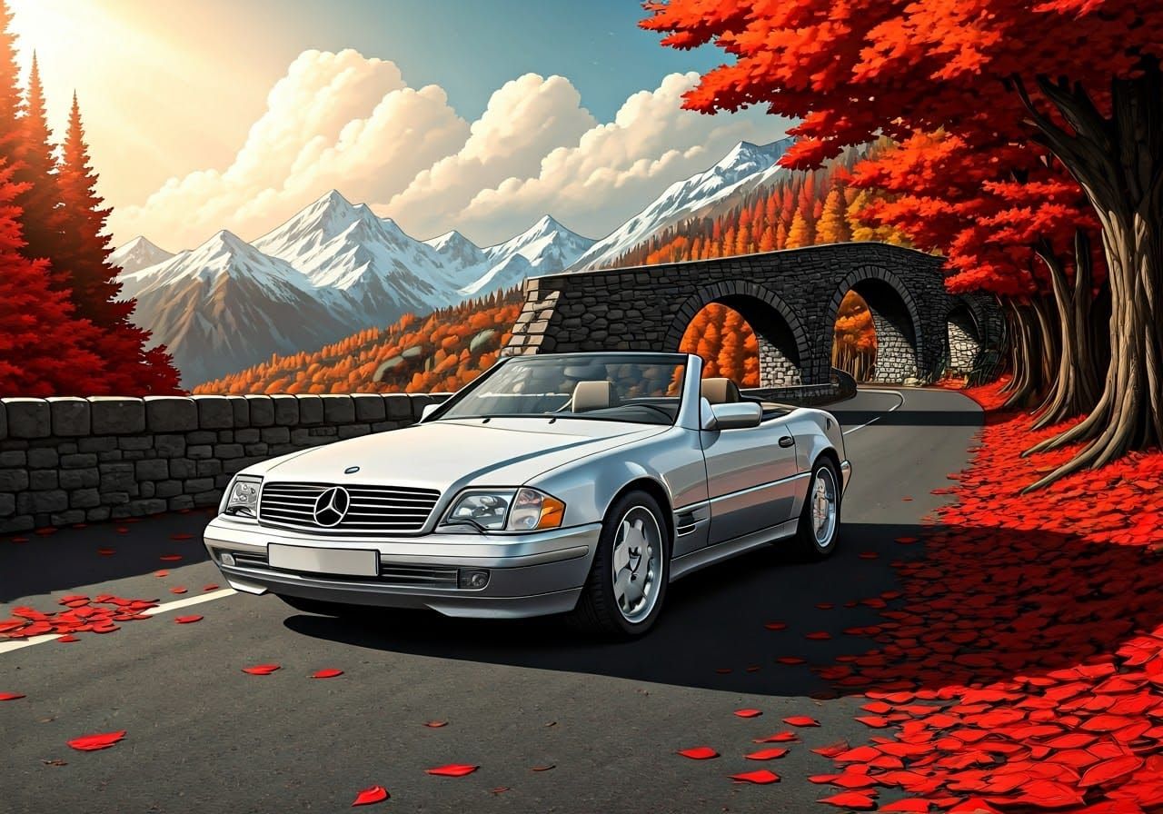 Mercedes-Benz SL 500 R129 Surrounded by Vibrant Autumn Leave...