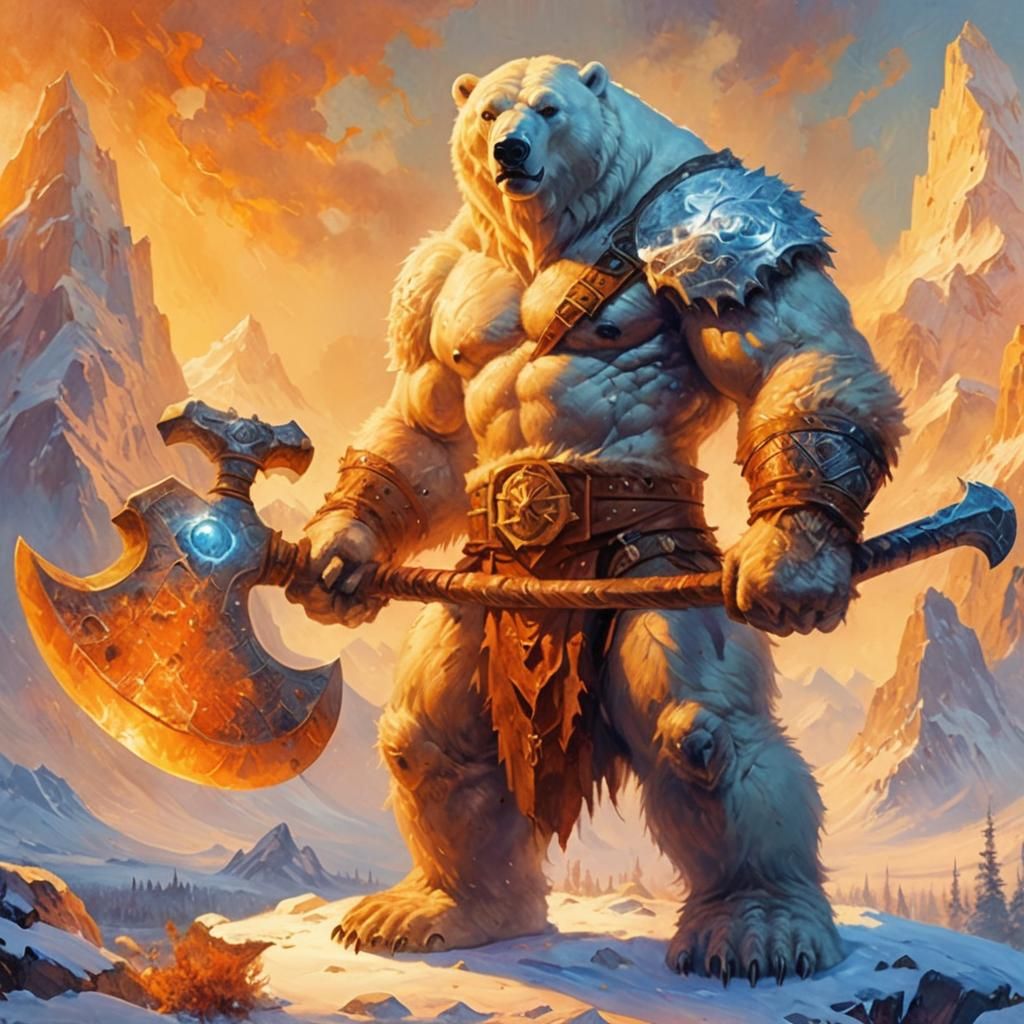 A mighty anthropomorphic polar bear barbarian with muscular,...
