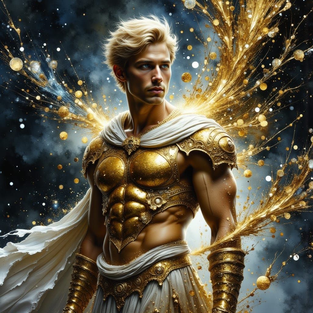 Golden Warrior in Stormy Skies, Inspired by Ancient Greek My...