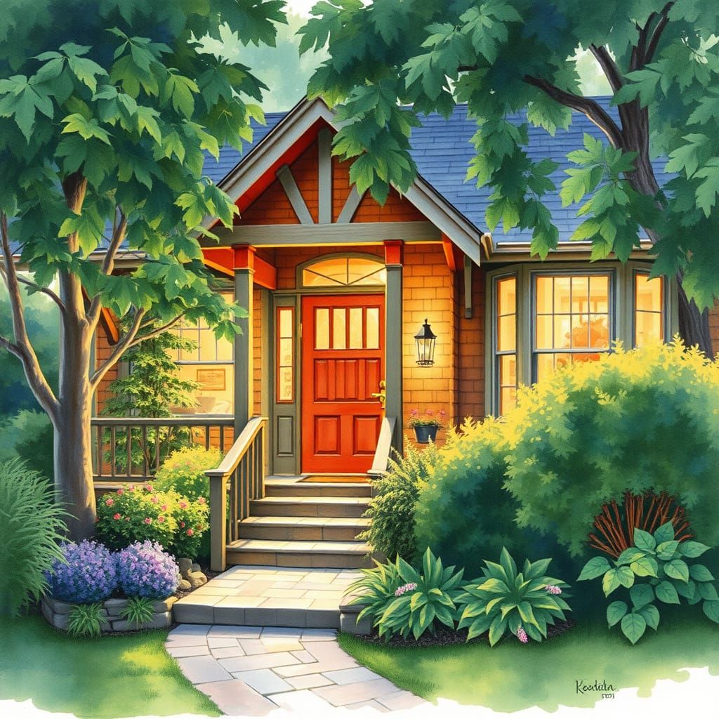 Cozy Watercolor Cottage in Lush Greenery