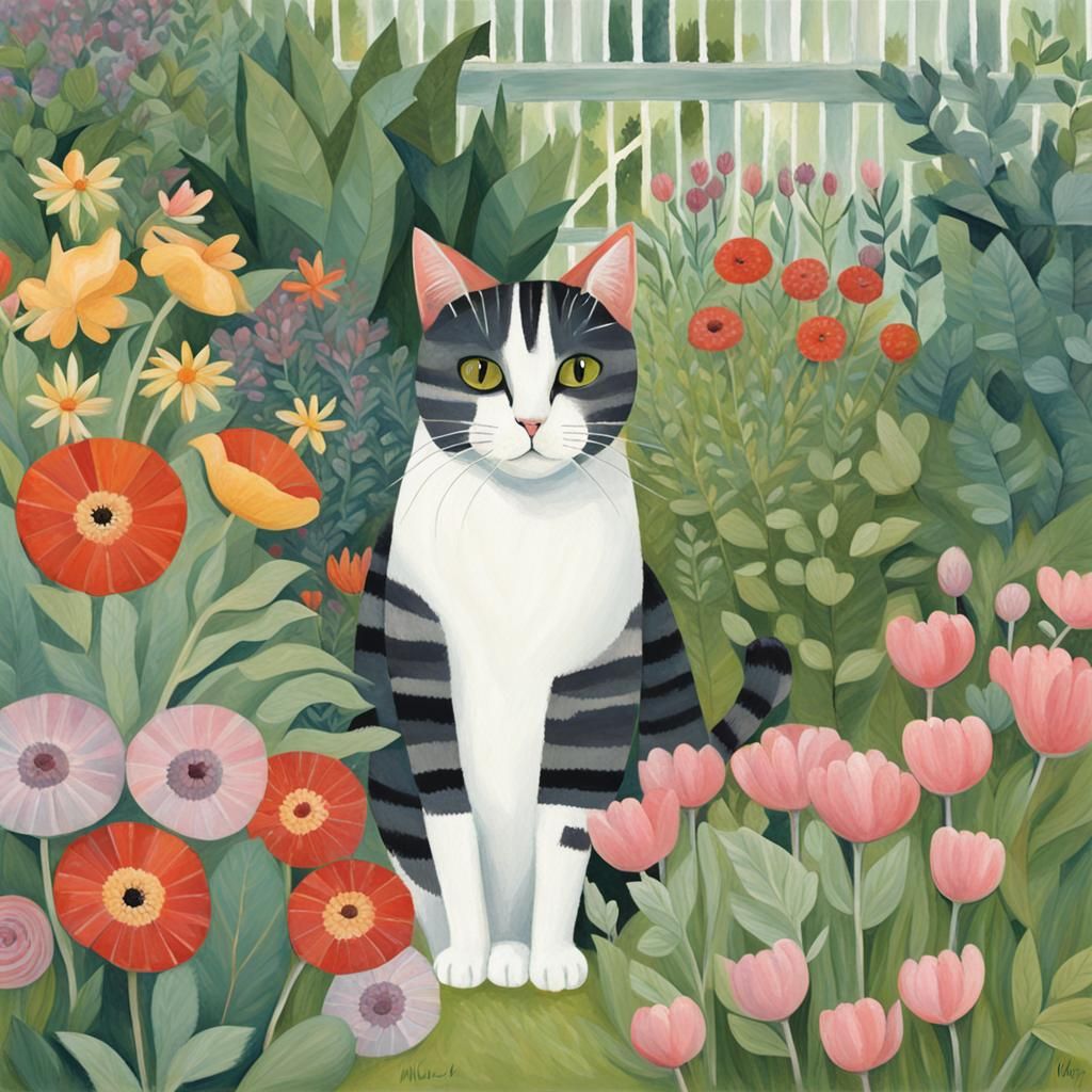 Cat in Garden Illustration