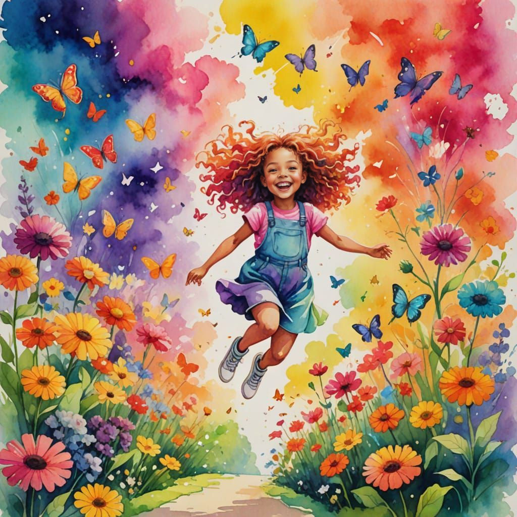 Vibrant Rainbow Garden Scene in Watercolor Style