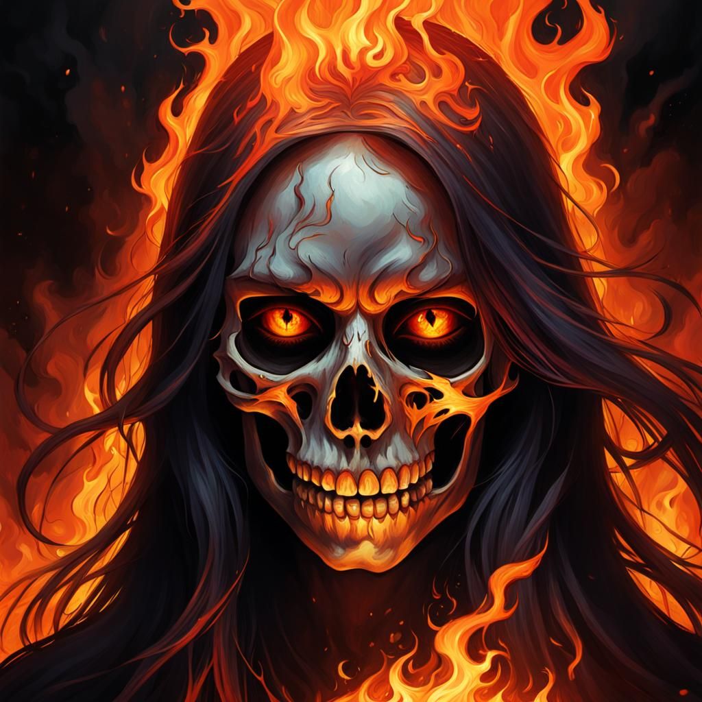 Girl Behind Flaming Skull in Dark Fantasy Style