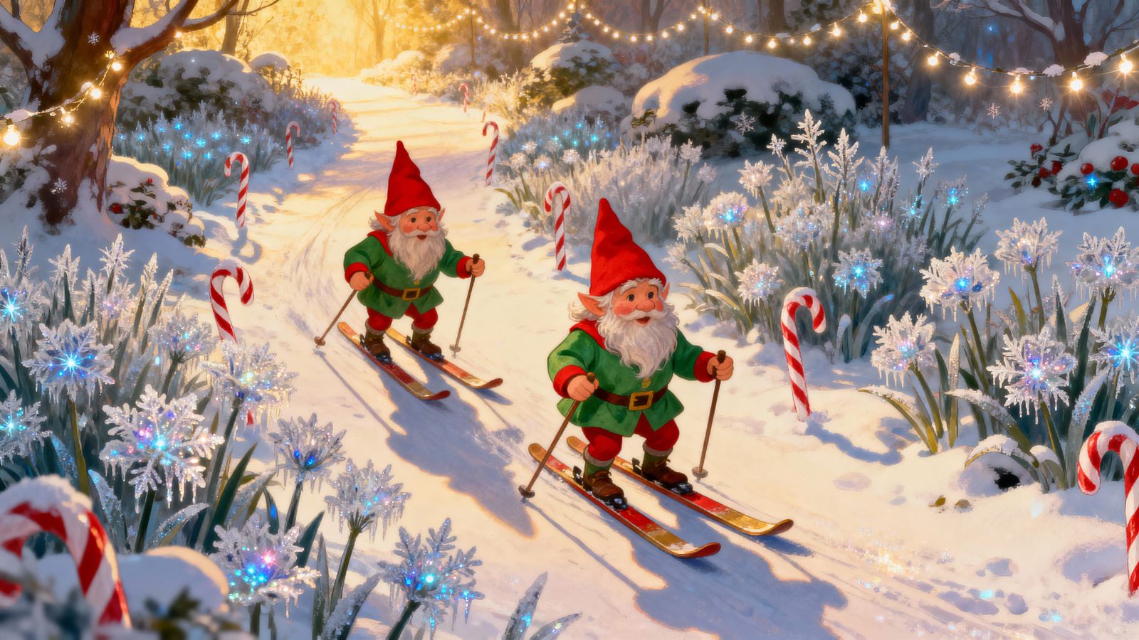 Jolly Gnomes Skiing Through Enchanted Snowy Garden Path