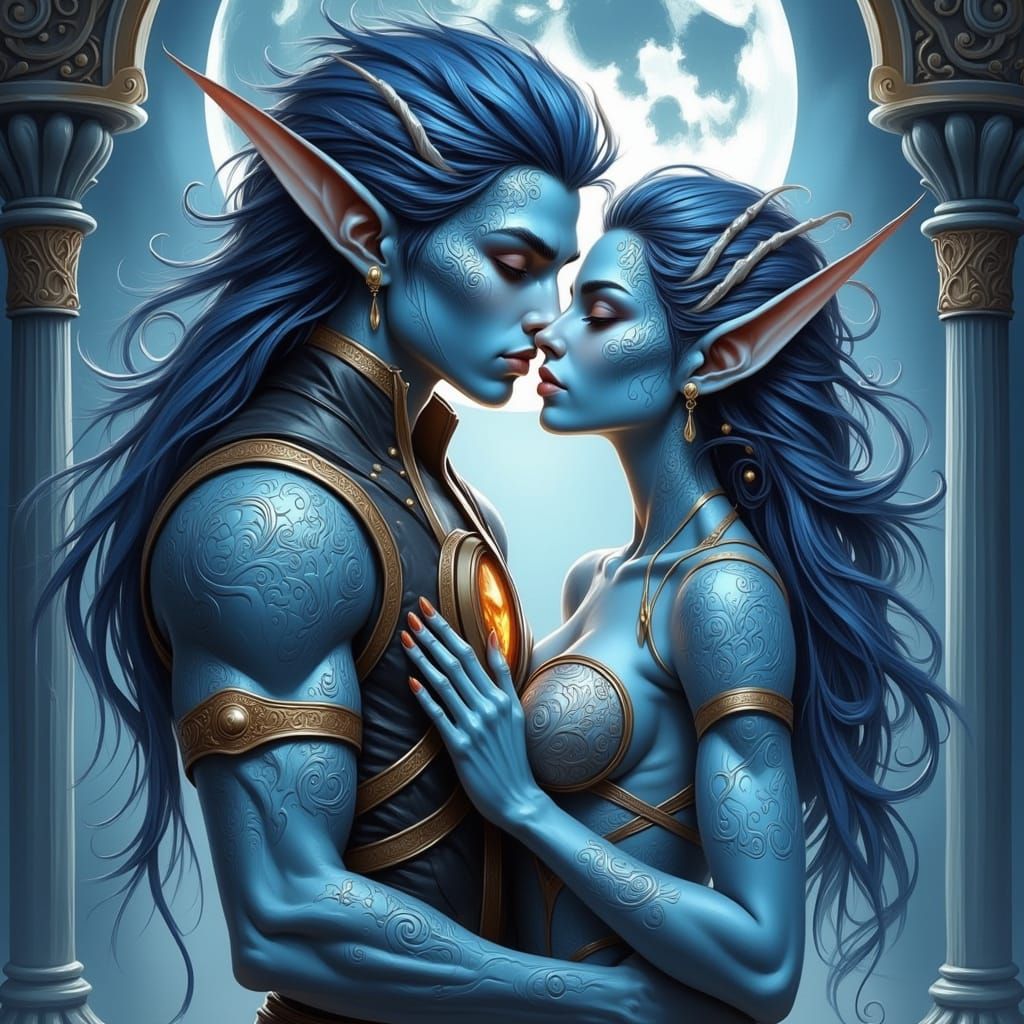 Ethereal Blue Skinned Lovers in Whimsical Watercolor Style