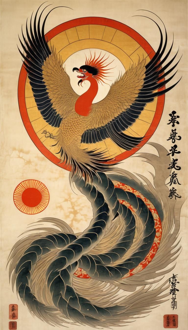 Phoenix and Sun on Papyrus in Japanese Art Style