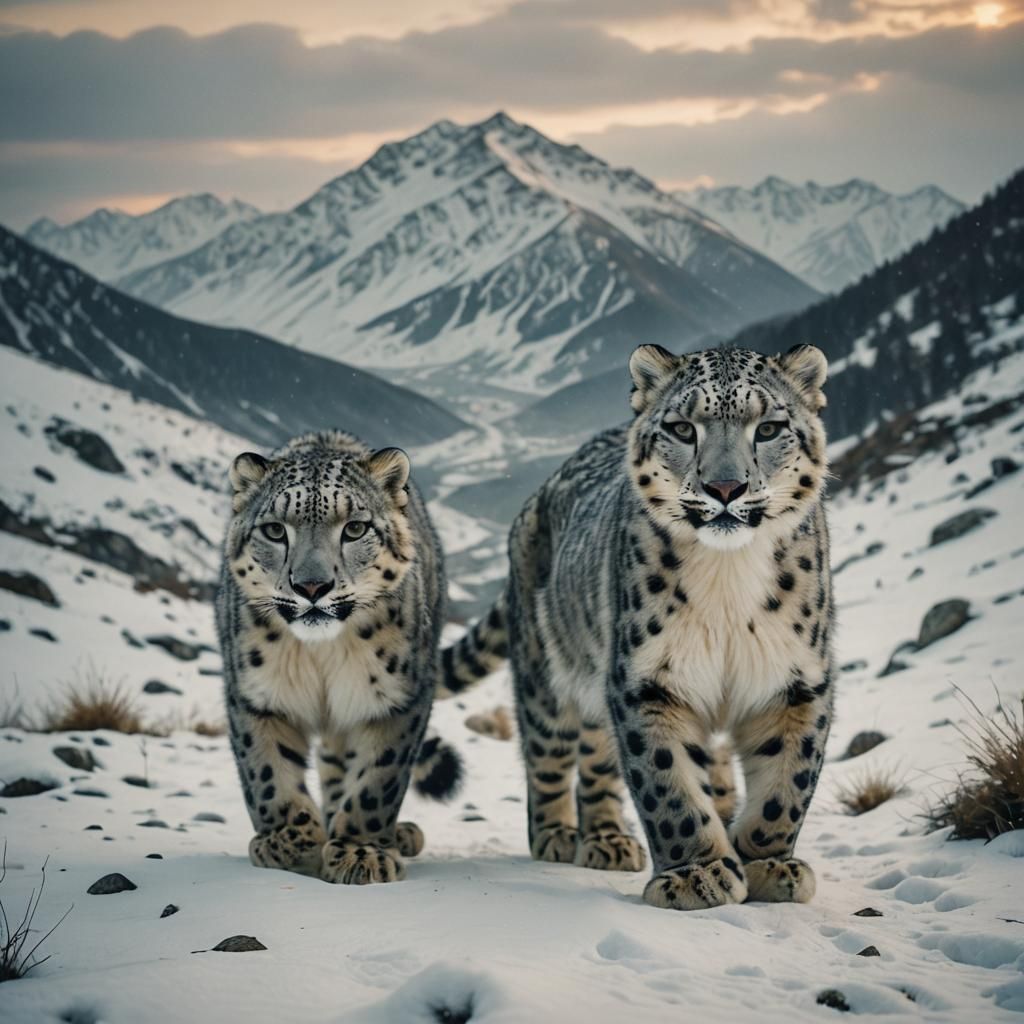 Snow Leopards in Snowy Mountains: Cinematic Film Still
