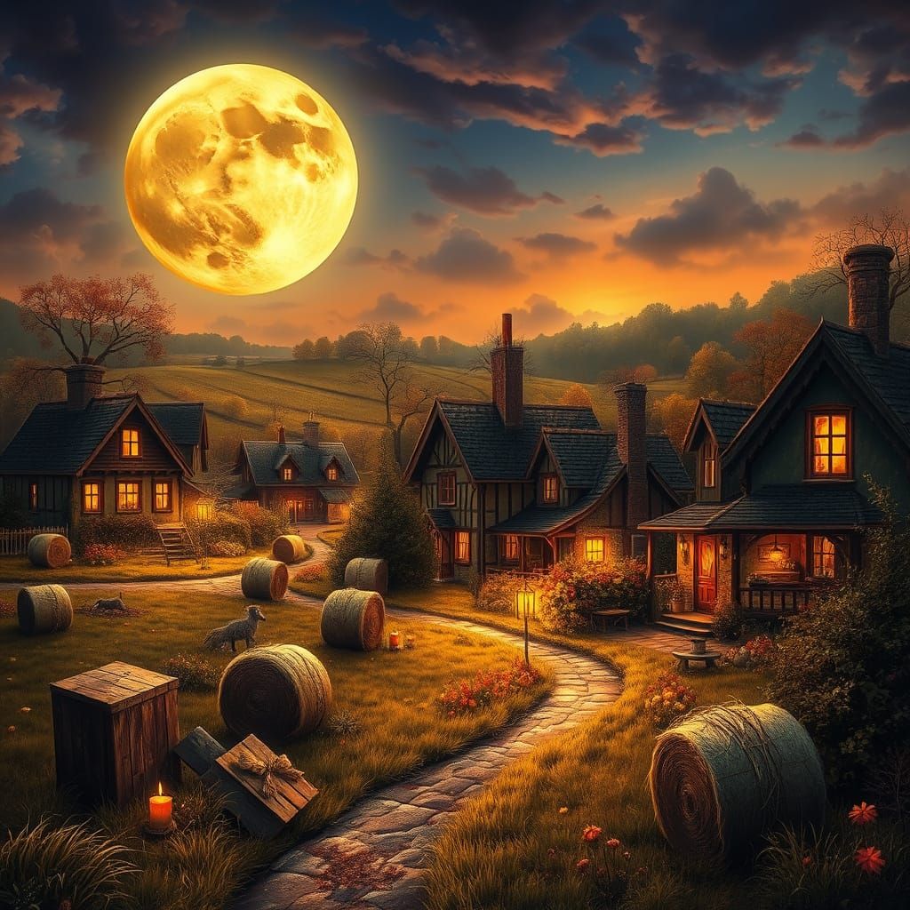 Cozy Harvest Moon Village Scene in Dreamy, Surreal Style