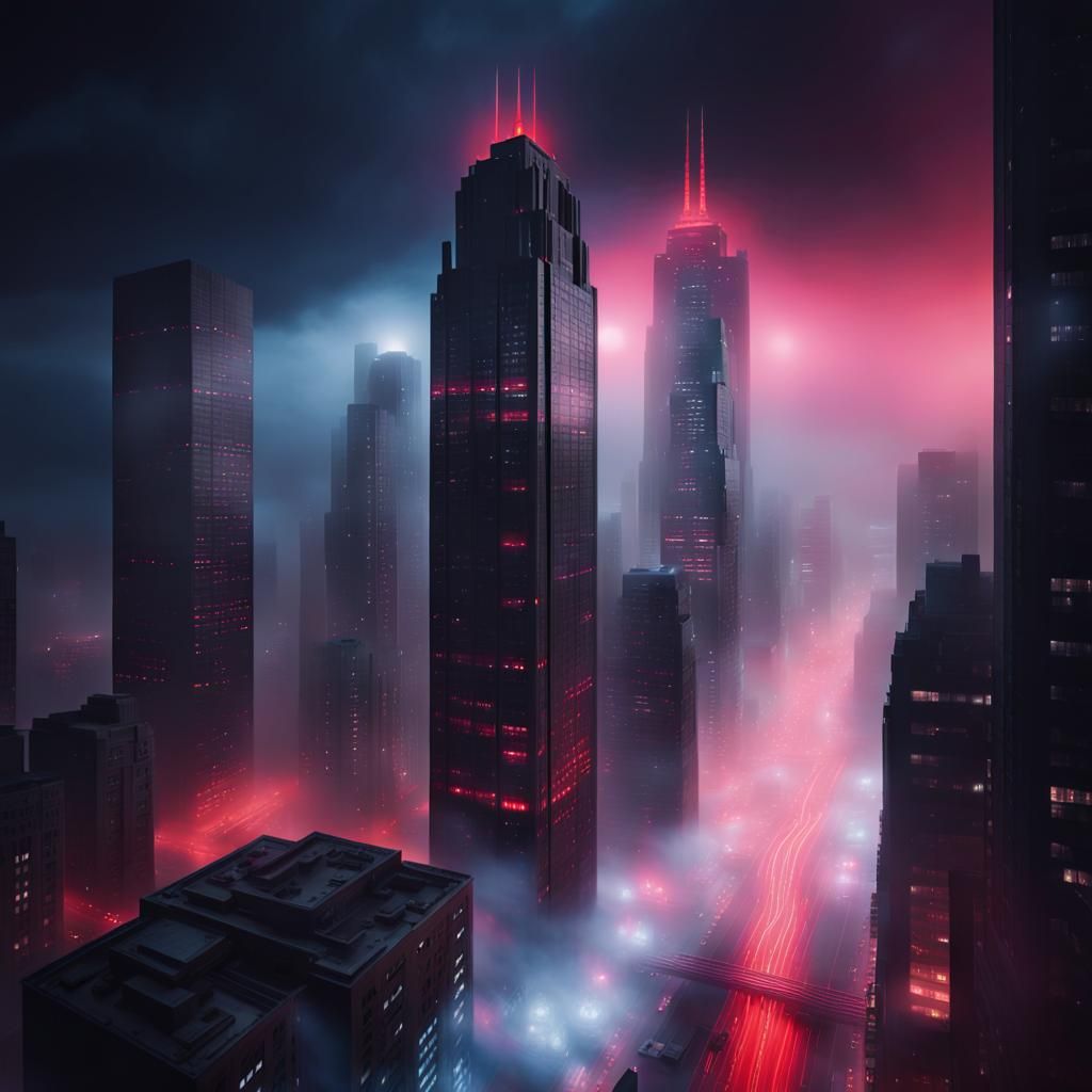 Glowing Ruby Cityscape in Hyperrealism