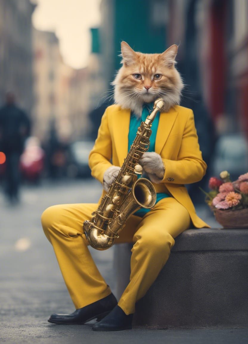 Fashionable street musician cat