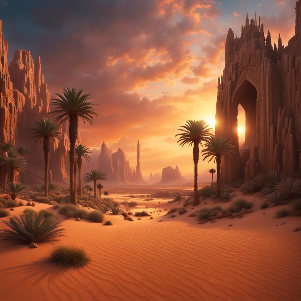 Desert Oasis Sunset: Epic Digital Matte Painting