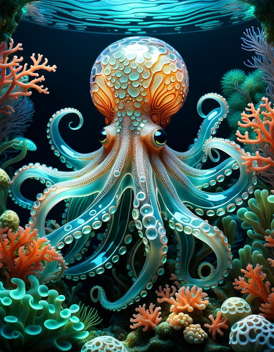 Bioluminescent Crystal Octopus Sculpture in Fantasy Art Styl...