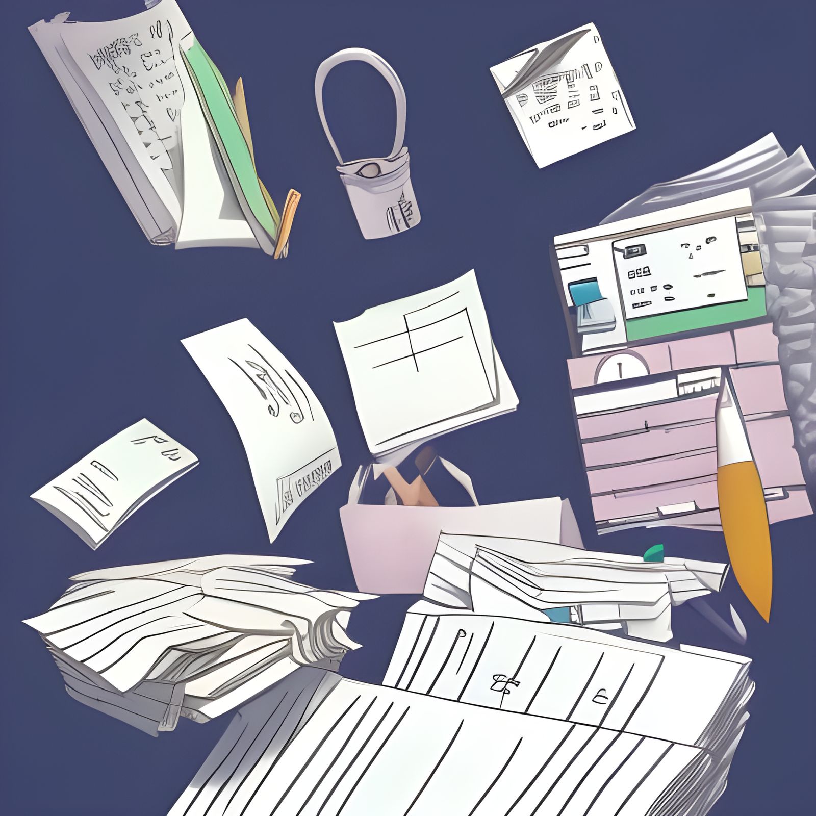 Messy Desk Overflowing with Paperwork in Anime Style